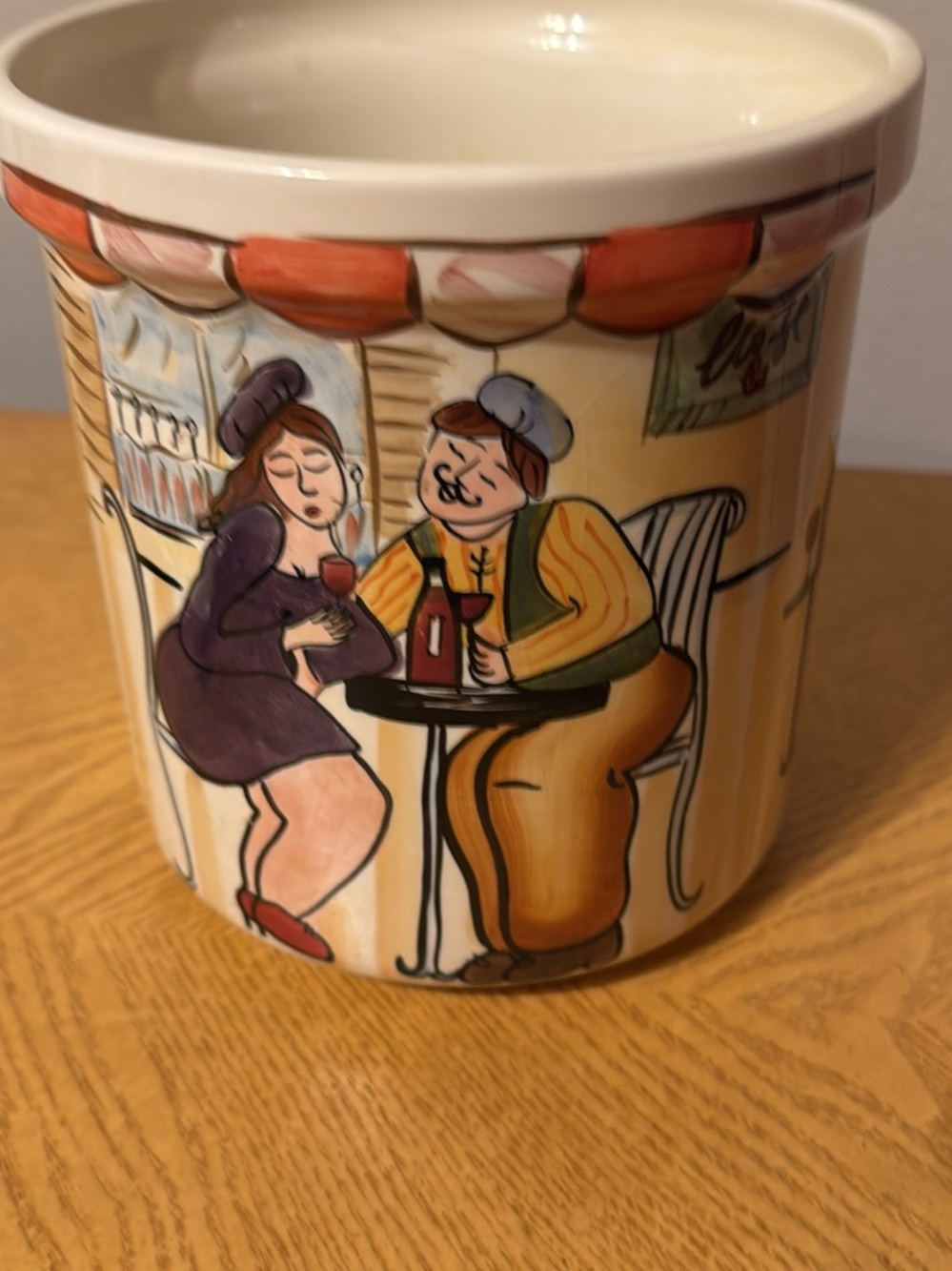 Hand-Painted Café Scene Ceramic wines bottle chiller- Purple & Orange